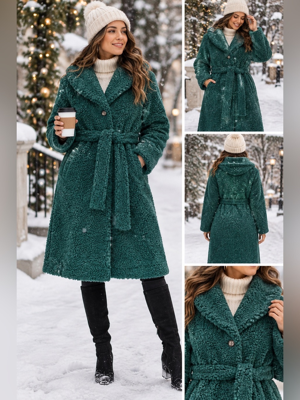 Scoop Women’s Green Teddy Sherpa Coat 12-14 Belted Plush Winter